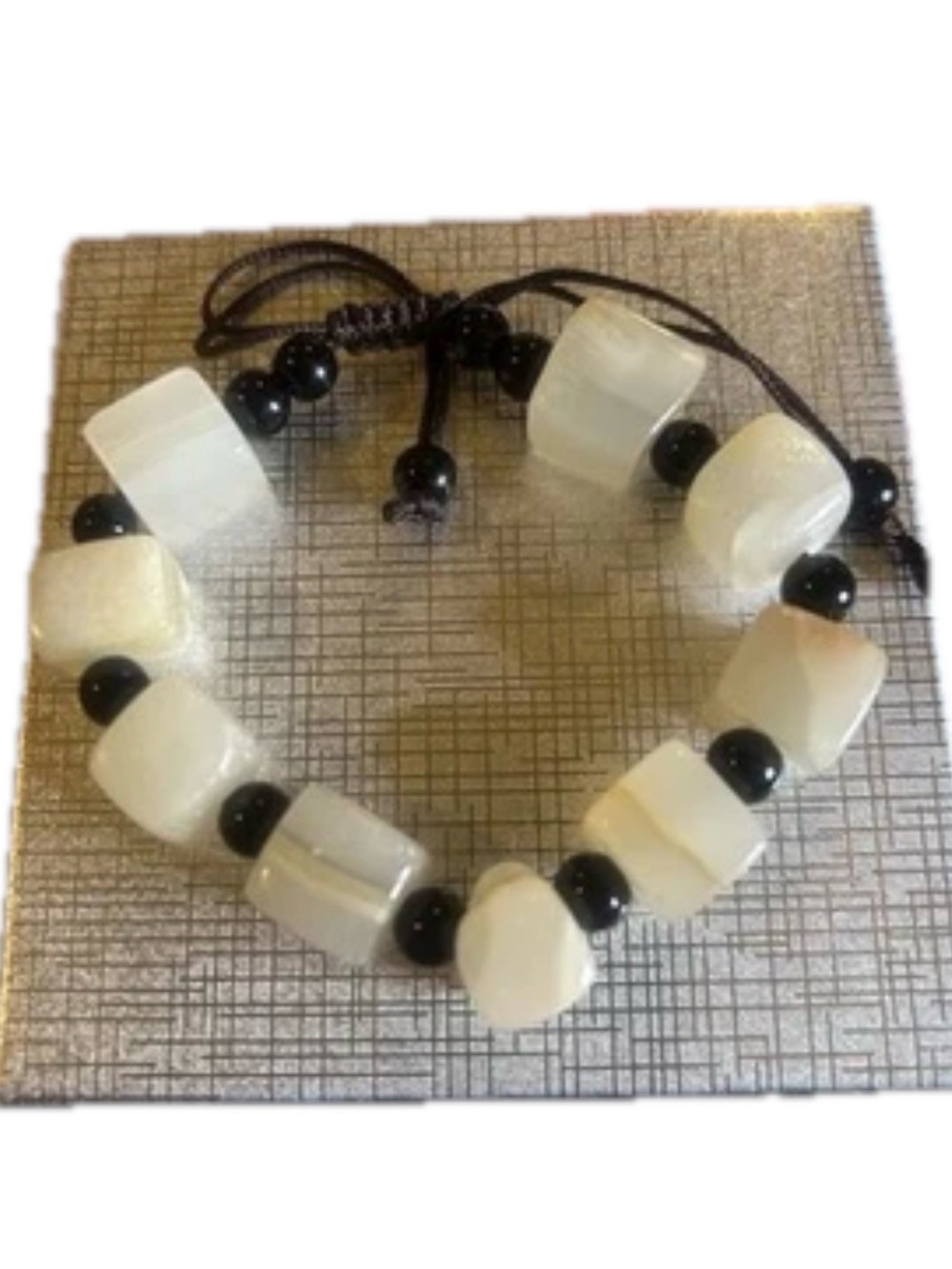 Jade.Cream Cube and Black Bead Adjustable Bracelet string tighten